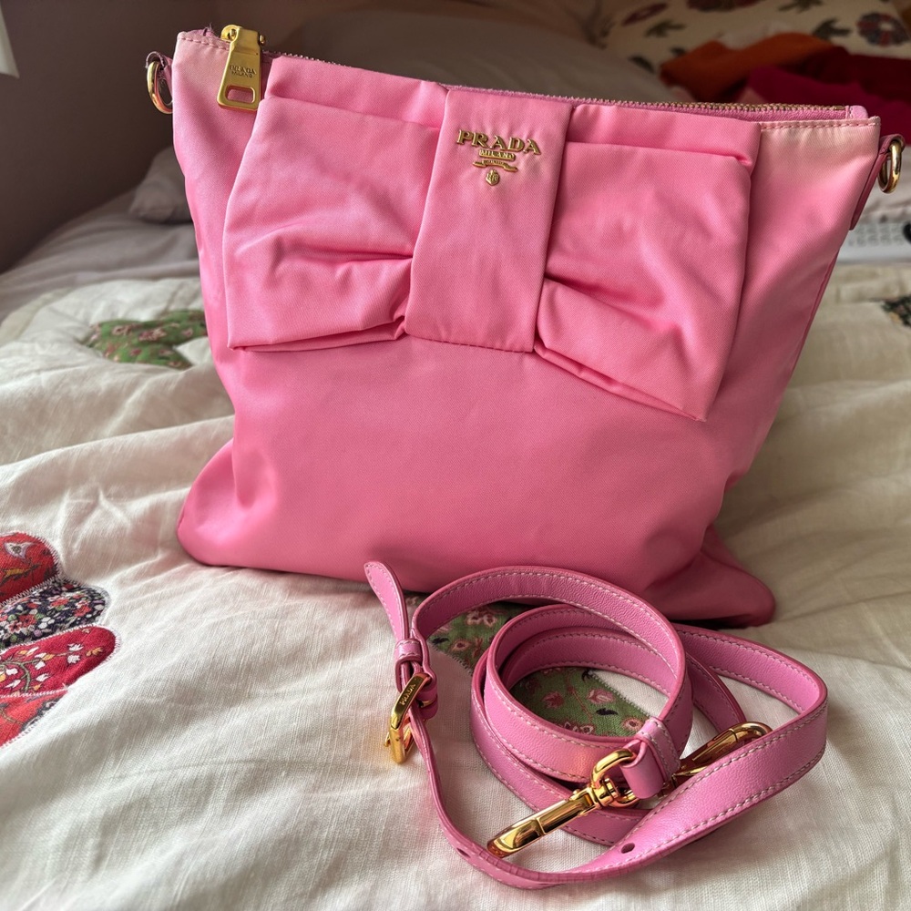 Prada Pink Nylon Bow Crossbody with Gold-Tone Hardware
